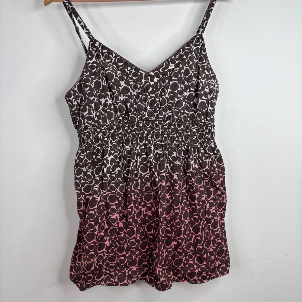 VTG Y2K Babydoll Tank Top L Chocolate Brown Ombre Smocked Lace Boho Print 90s